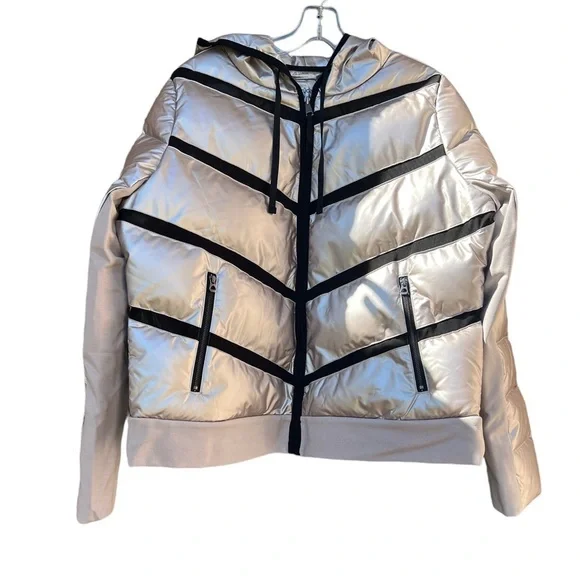 Zuda Women's Quilted Pearlized Puffer Hoodie Jacket Silver M - Picture 2 of 5